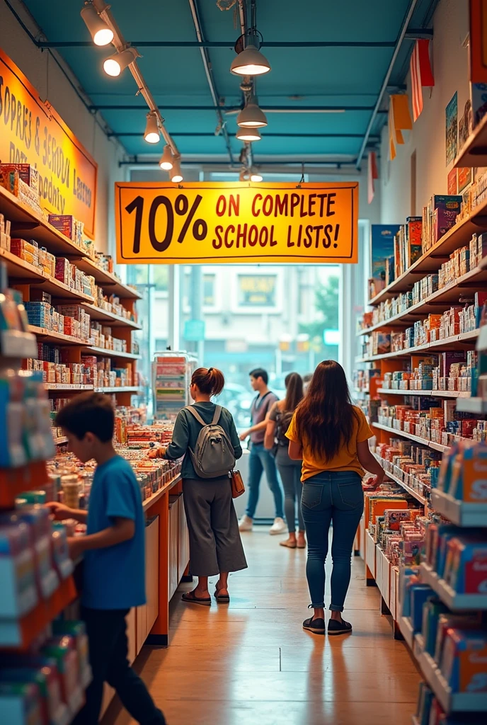 Advertisement that says that at the stationery store on the corner the 10th is done% Discount on complete school lists
