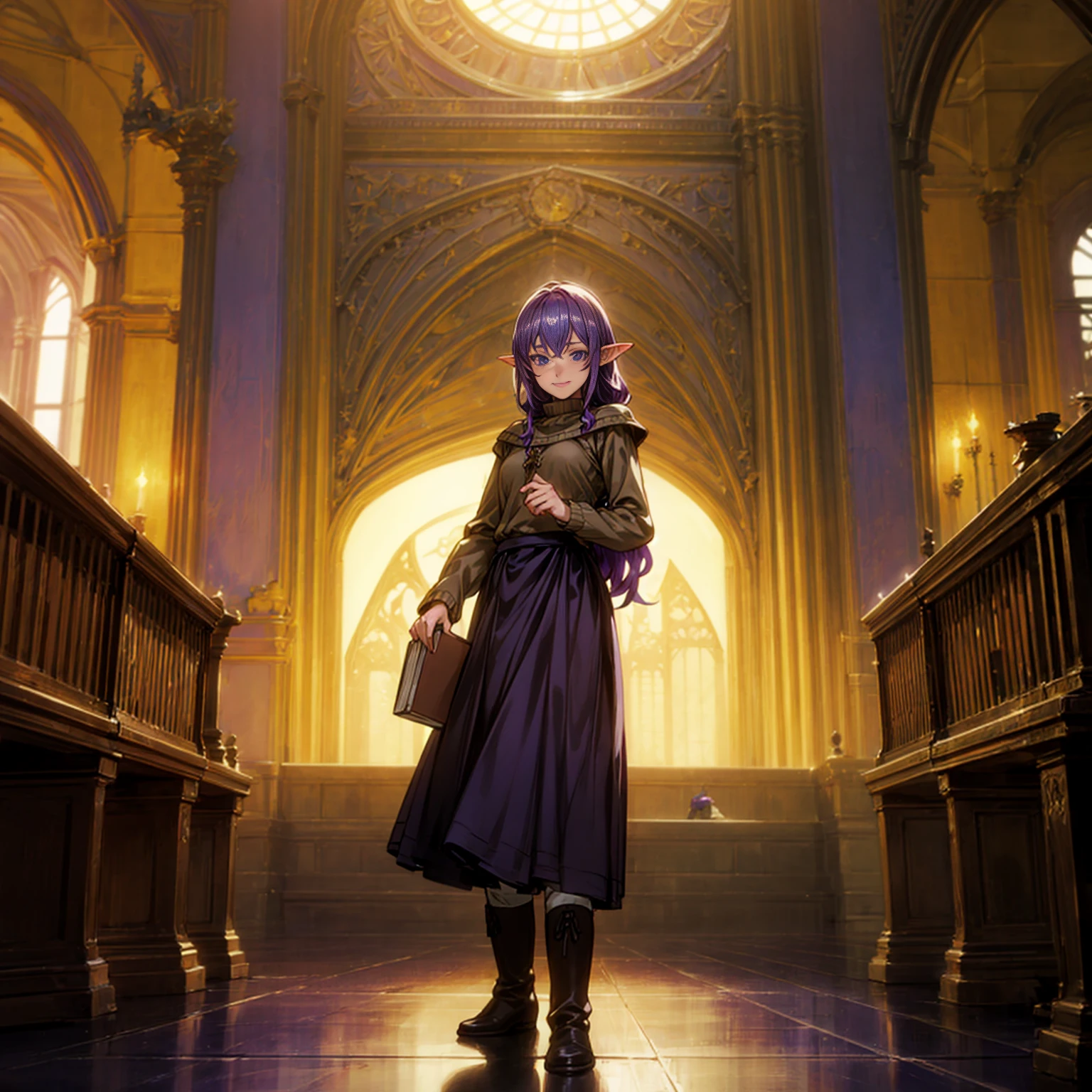 Solo character, full body version, old girl, (elf), blue eyes, purple color hair, long Curly haircut, His hair covered his eyes, brown sweater, black long skirt, boots, indoor, library, Castle, medieval, detailed background, detailed clothing, detailed hair, standing gesture, (Hunter x Hunter style art), smile mouth, book in hand, medium breast 