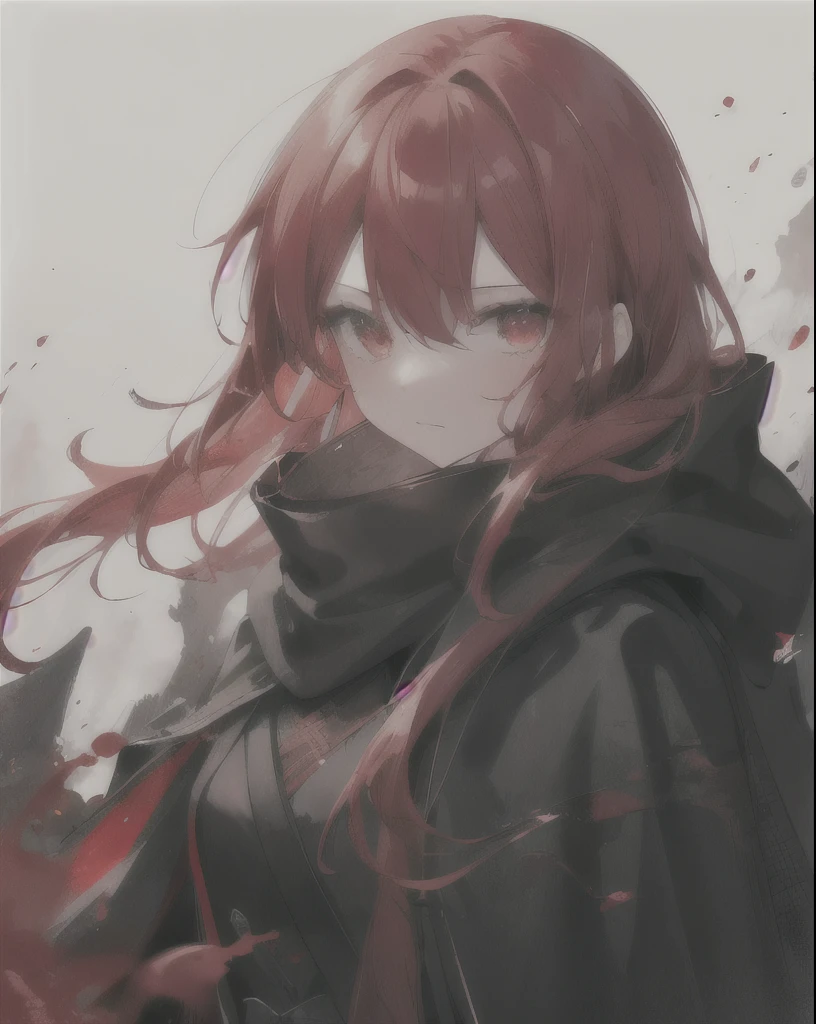 1girl,(red hair)),red eyes,萝,long hair,(loose long hair),((black cloak)),(cape hood),scarf,red moon on the sky,night,floating red flowers falling,upper body,ruins,intense shadows,ash,fire,ice,((Ink wash painting)),((ink splashing)),((color splashing)),