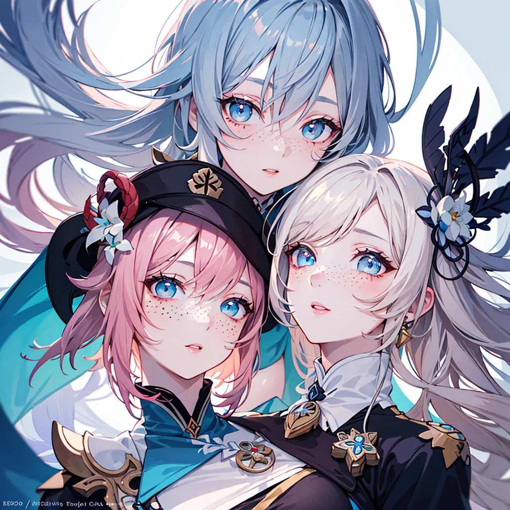 A long-haired, curly pink-haired girl, pale skin, blue eyes, freckles, genshin impact style, beautiful detailed eyes, beautiful detailed lips, extremely detailed eyes and face, long eyelashes, beautiful face, elegant pose, whimsical expression, detailed clothing, fantasy environment, magical, vibrant colors, cinematic lighting, digital painting, highly detailed, 8k, photorealistic, masterpiece, intricate details