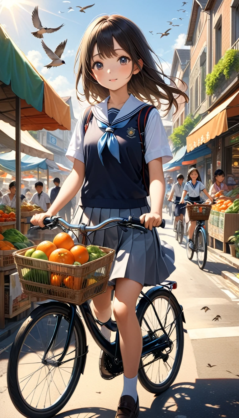 A girl is riding her bicycle home from school.。He is wearing a neat school uniform,Faces bathed in the warm afternoon sun。Pass by the township market.The surrounding environment is also clearly visible,The lively atmosphere of the town market。The birds flying in the distance add to the vitality。The whole photo has a super-realistic quality,Sharp details,Elegant depth of field,Perfectly capturing the tranquility and movement of this moment。This photo is a masterpiece。