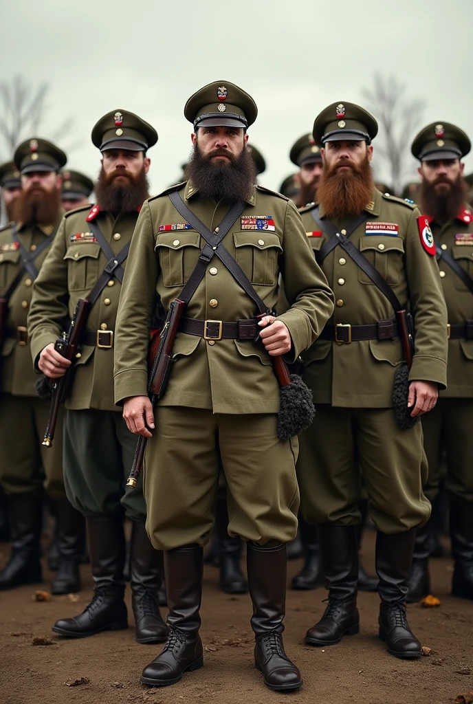 Bearded, large men with Serbian sabers and cockades on their heads, belt buckle, soldiers with bullets across their chests and M40 rifles in their hands. Military trousers tucked into boots. Uniform from 1940. Serbian insignia on the uniform