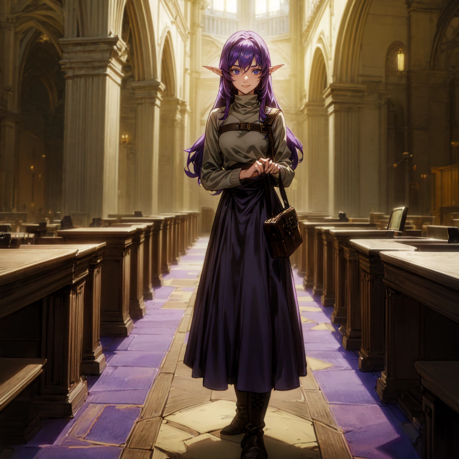 Solo character, full body version, old girl, (elf), blue eyes, purple color hair, long Curly haircut, His hair covered his eyes, brown sweater, black long skirt, boots, indoor, library, Castle, medieval, detailed background, detailed clothing, detailed hair, standing gesture, (Hunter x Hunter style art), smile mouth, bag in hand, medium breast 