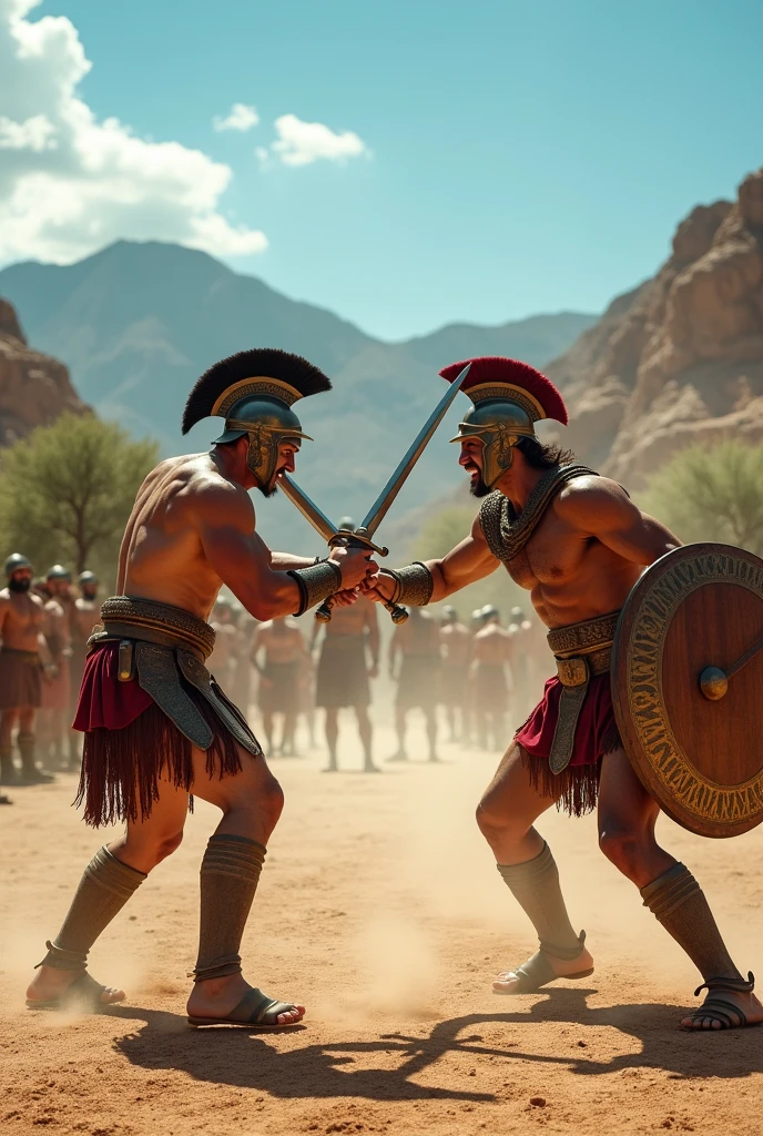 Spartans in a confrontation with each other in a military training with swords and shields