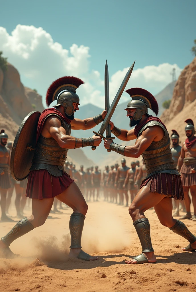 Spartans in a confrontation with each other in a military training with swords and shields