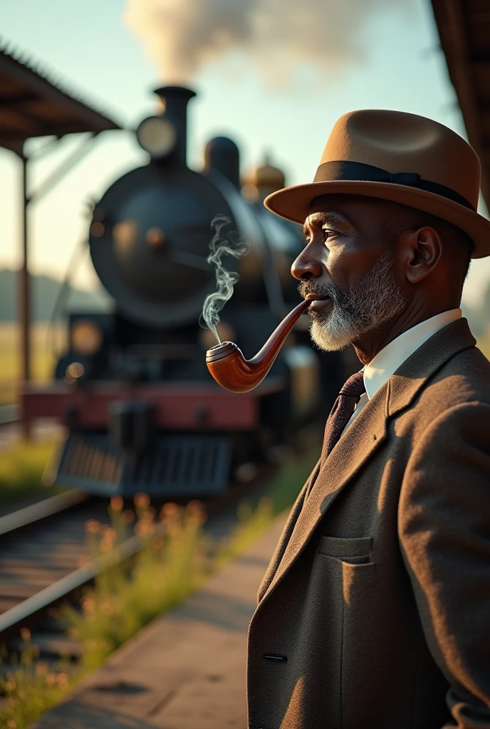 Stopped locomotive running with a gentleman in front with a hat, pipe and in its mouth a 55-year-old dark-skinned man with a tie and a small beard
