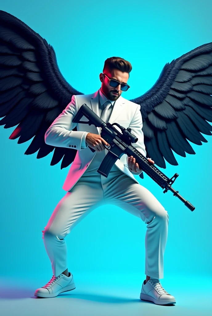 Create an Ai 3d photo of 20 years old with small beard and wearing a white suit and shoe in full eggo and with black glasses and catching a glacier m416 gun in blue background and in background black lightning wings