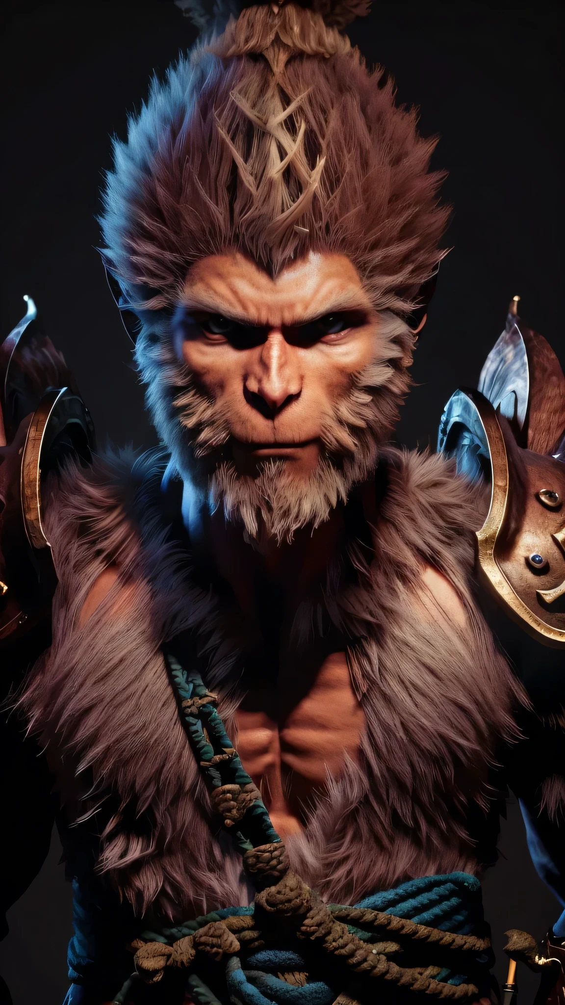 wukong \(black myth\),
1 boy, Solitary, Male focus, Delicate eyes, Shadowed side,
Fur chest, armor, Blue clothes, Scapula,
Unreal Engine, 8K, Super Detail,