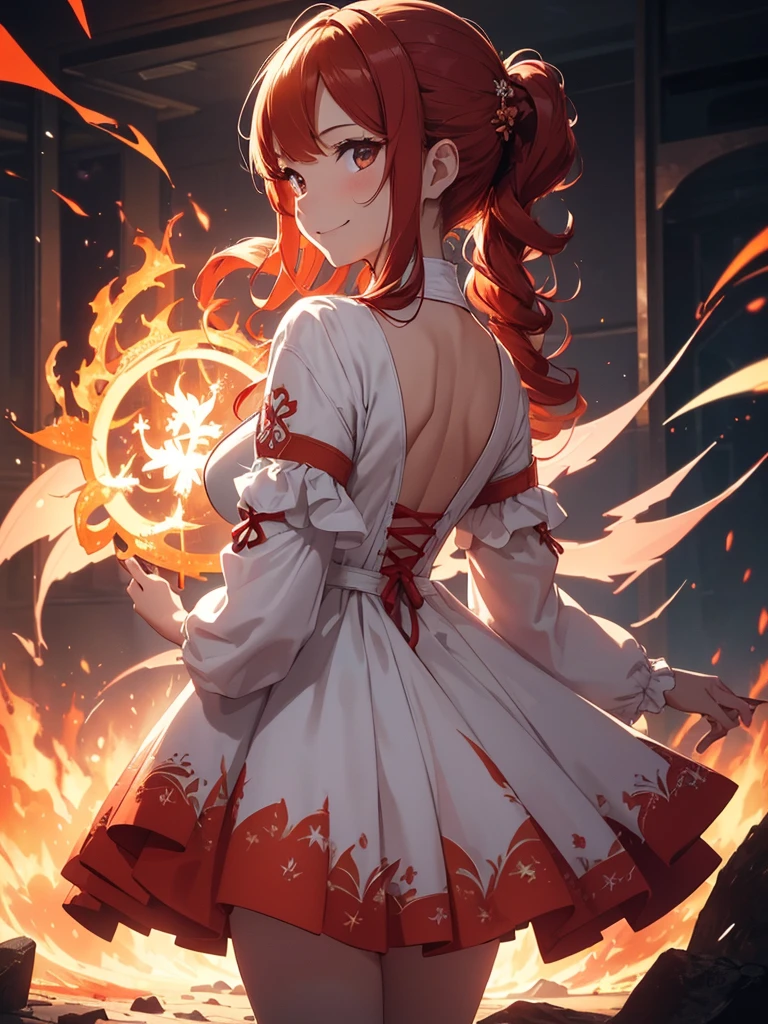 (((best quality, sharp image, clear image, cinematic lighting, 8k resolution, masterpiece, ultra detailed, intricate))) Girl, (((looking over left shoulder))), (shot from behind), ((shot from hip up)), fiery red hair, pigtails, ((white dress)), ((flaming sigils, flaming runes)), spiky rock formations, (flaming lotus flowers frame), (intricate background), ((Phoenix)), (swirling flames), smiling