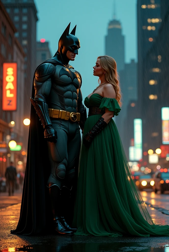 Give me a picture of Batman next to the artist Adele that is very realistic