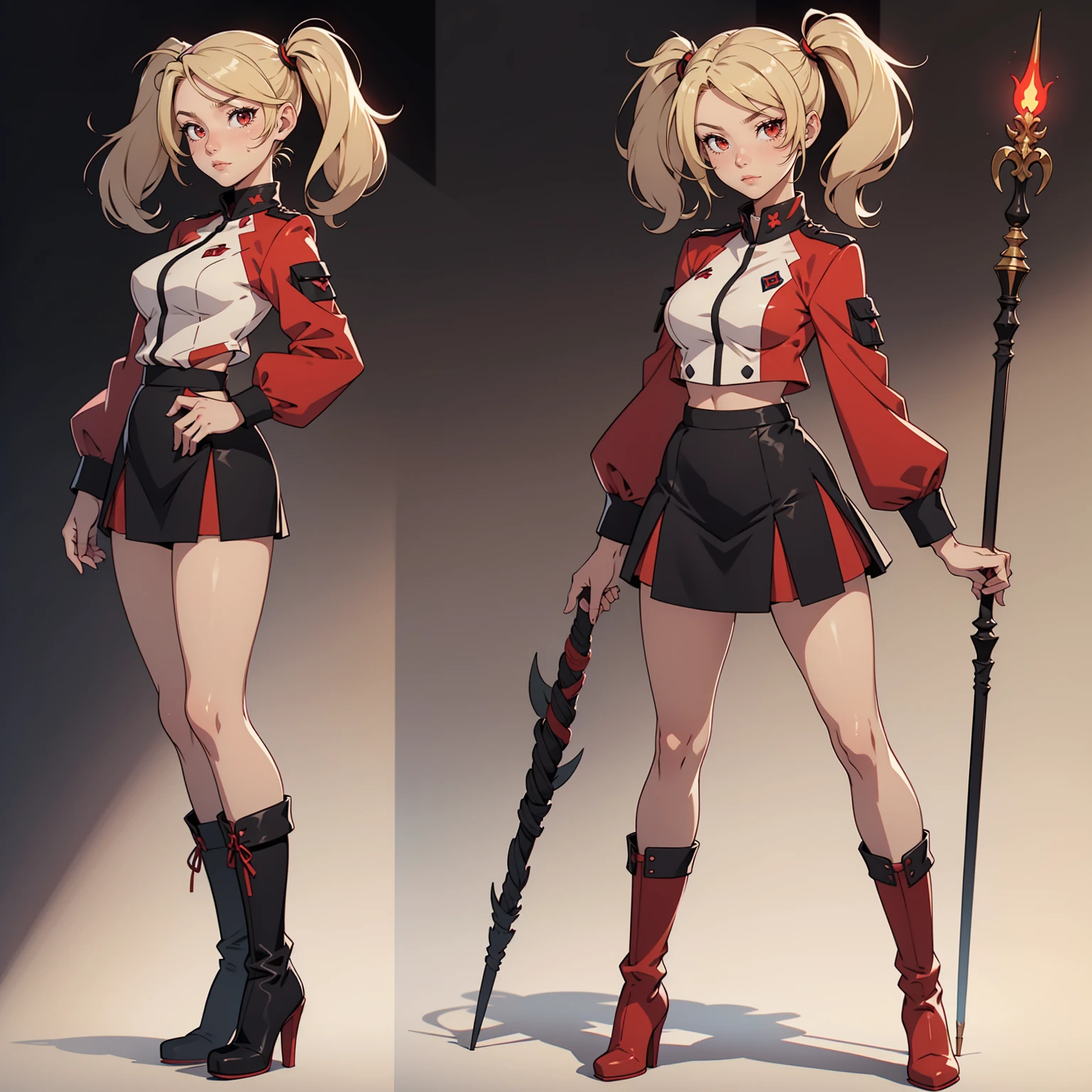 Very detailed, neutral facial expression, figure, full body view, blonde hair with twintails, red eyes, looking at viewer, black and red uniform, skirt, black boots, holding spear.