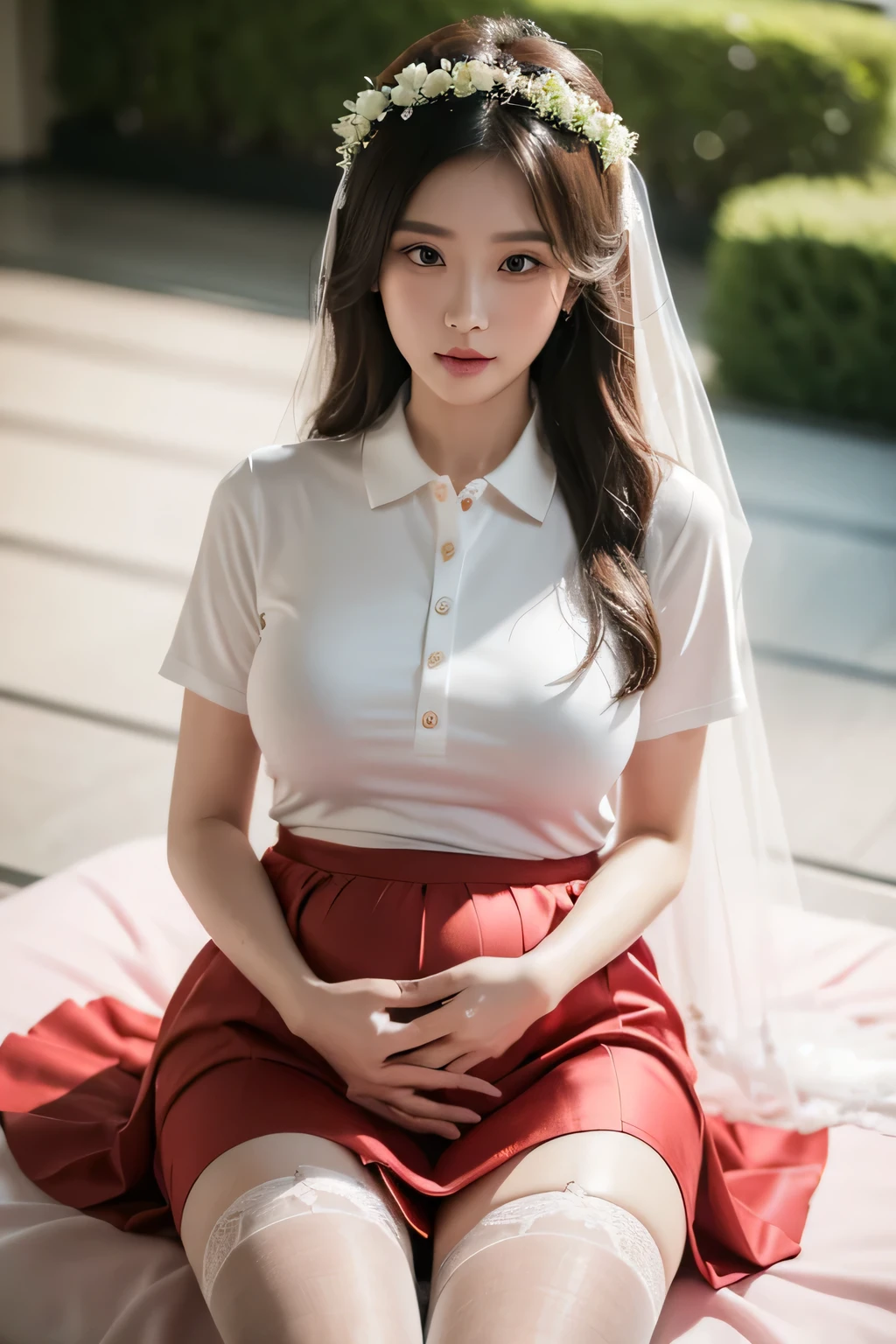 ((Best quality, 8k, Masterpiece :1.3)), Whole body, Sharp focus :1.2, A beautiful heavily pregnant 20-years old slender Asian bride walking down the aisle on her wedding, wearing a tight collared pink polo shirt with seven buttons buttoned up and a red skirt, huge breasts, bulging breasts and bulging pregnant belly, transparent bridal veil, flowers in hair. bra outline visible, prominent poking nipples under the shirt, (wedding, aisle, silk stockings), Highly detailed face and skin texture, Detailed eyes, Double eyelid, woman is weeping with tears on her face