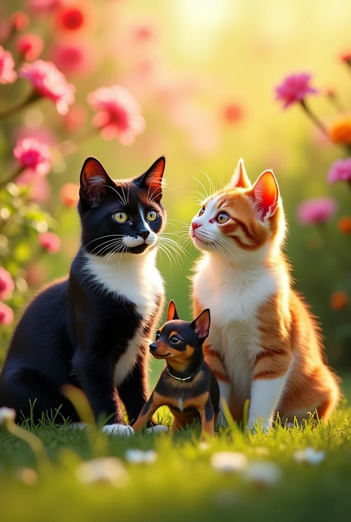 a frajola cat, a tricolor cat and a small pinsher, side-by-side