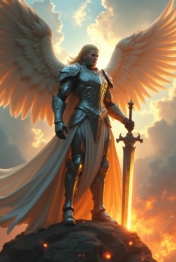 (photorealism;1.2) futuristic armored angel with greatsword in hands and flames around him resolution 2560 x 1440p
