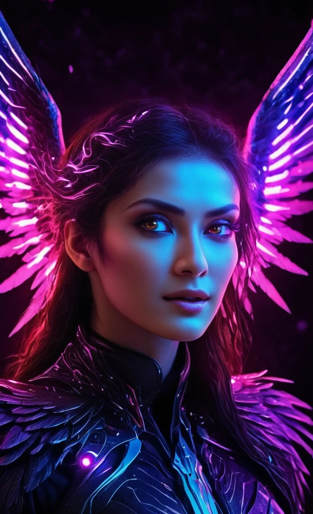 rmx, cosmic fallen angel, glowing light eyes, Biomechanicals, weirdcore, frightful, nightmarish, very bright colors, light particles, with bright light, Mshiff, Wallpaper Art, UHD Wallpaper