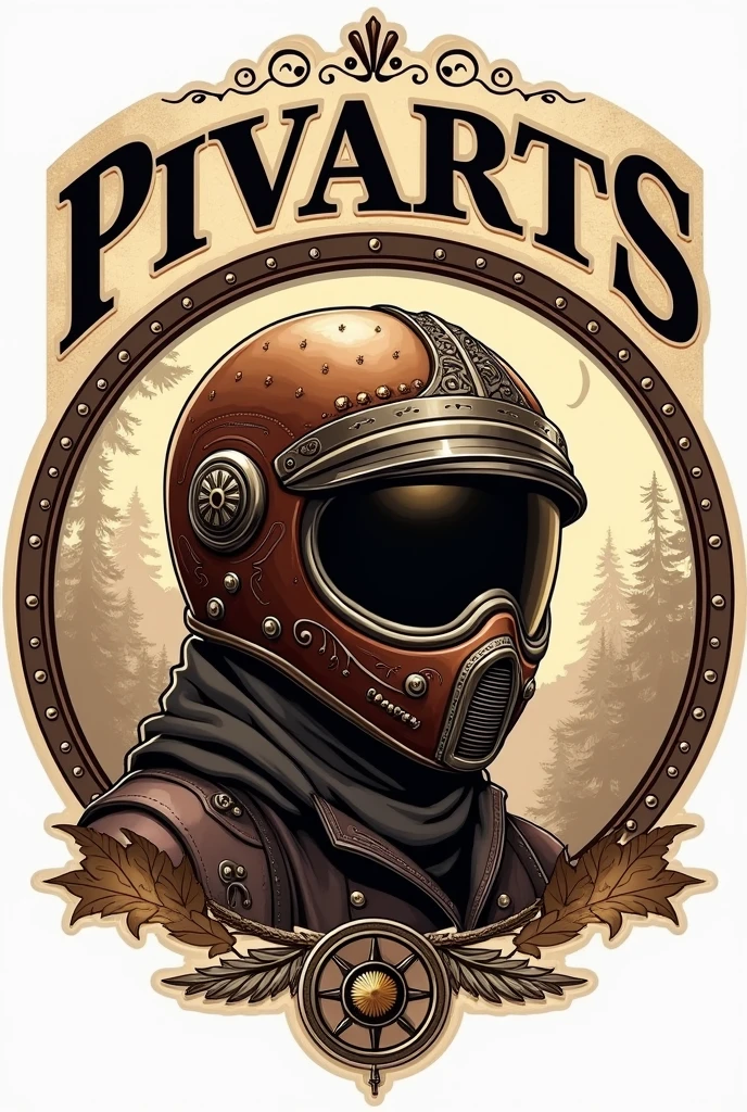a vintage motocicle helmet logo, with text "PIVARTS", circle, intricate details