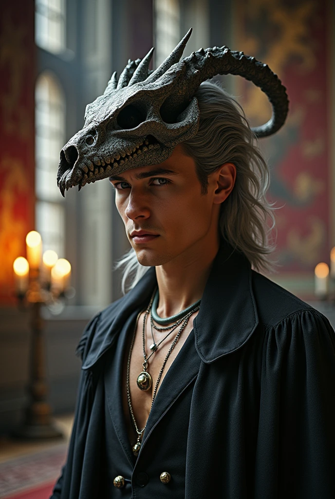 ((Best quality)), ((masterpiece)), (detailed), man with a skull on his head, Dragon Skull, elongated skull, gray hair, noble attire, young, You can see the person's jaw.