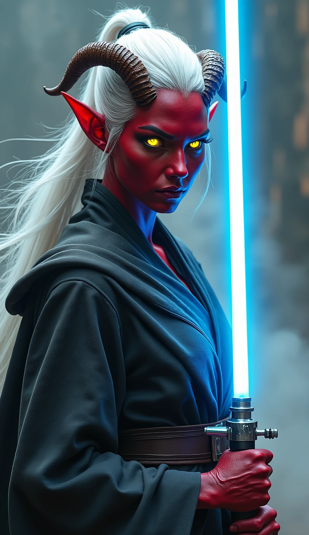 ((ultra-realistic:1.5)) portrait of a fierce Tiefling Jedi warrior, with crimson skin, sharp features, and glowing yellow eyes, wielding a blue lightsaber. Her long, white hair flows behind her, accentuating her twisted horns that curve gracefully from her head. The setting is a mist-filled, otherworldly environment, with thick fog swirling around her, creating an ethereal and mysterious atmosphere. She wears traditional Jedi robes with intricate details, the fabric flowing naturally as she assumes a battle-ready stance. The blue glow of the lightsaber casts dynamic lighting on her face and armor, highlighting the tension and intensity of the moment. The image captures her from a three-quarter view, focusing on her determined expression and the powerful energy of the lightsaber. | Inspired by the works of WLOP, Stanley "Artgerm" Lau, and Yoji Shinkawa, blending elements of dark fantasy with sci-fi epic. ((UHD:1.5)), ((best quality:1.6)), ((masterpiece:1.6)).
