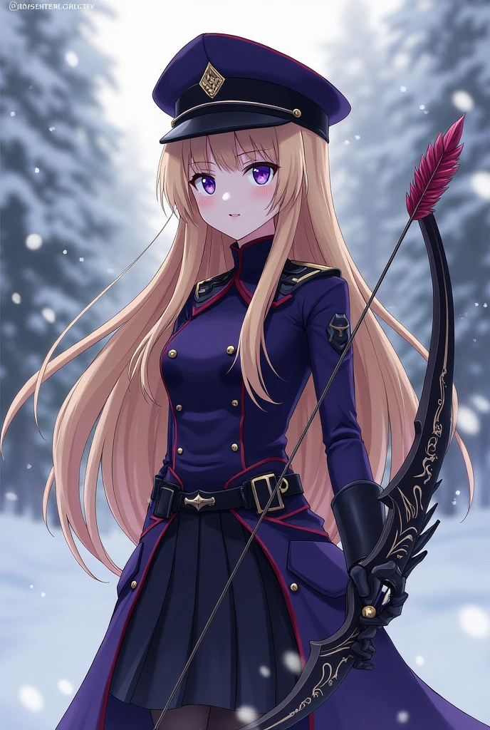 1 girl, teenager, long blonde hair, purple eyes, female military clothing in purple and black, full body, standing holding a bow and arrow, trace of the character Esdeath from the anime Akame ga Kill, background with falling snow