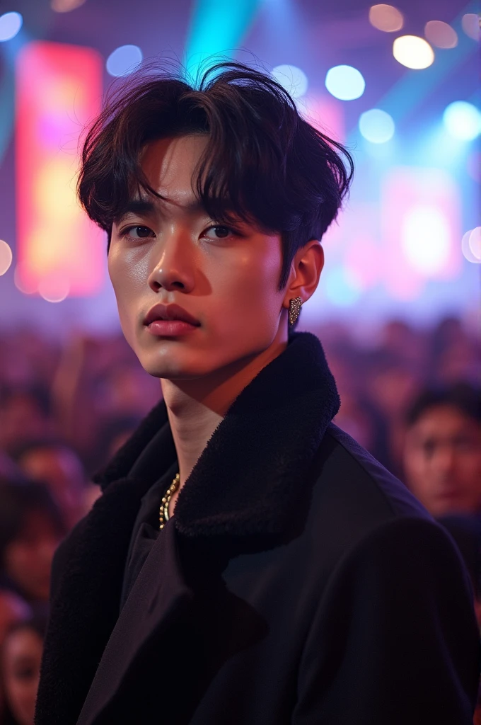 Handsome Korean idol with black hair and delicate features