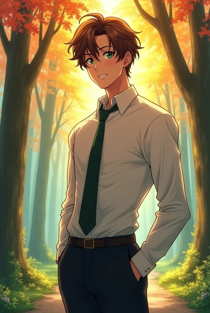 Draw a 19-year-old anime style brown-haired man with formal 90s clothing, Light green eyes and kind aspect, and in the background of the image place a forest