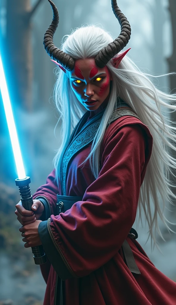 ((ultra-realistic:1.5)) portrait of a fierce Tiefling Jedi warrior, with crimson skin, sharp features, and glowing yellow eyes, wielding a blue lightsaber. Her long, white hair flows behind her, accentuating her twisted horns that curve gracefully from her head. The setting is a mist-filled, otherworldly environment, with thick fog swirling around her, creating an ethereal and mysterious atmosphere. She wears traditional Jedi robes with intricate details, the fabric flowing naturally as she assumes a battle-ready stance. The blue glow of the lightsaber casts dynamic lighting on her face and armor, highlighting the tension and intensity of the moment. The image captures her from a three-quarter view, focusing on her determined expression and the powerful energy of the lightsaber. | Inspired by the works of WLOP, Stanley "Artgerm" Lau, and Yoji Shinkawa, blending elements of dark fantasy with sci-fi epic. ((UHD:1.5)), ((best quality:1.6)), ((masterpiece:1.6)).