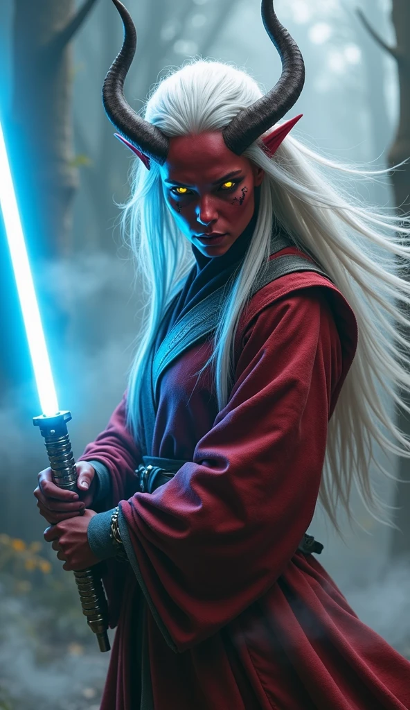 ((ultra-realistic:1.5)) portrait of a fierce Tiefling Jedi warrior, with crimson skin, sharp features, and glowing yellow eyes, wielding a blue lightsaber. Her long, white hair flows behind her, accentuating her twisted horns that curve gracefully from her head. The setting is a mist-filled, otherworldly environment, with thick fog swirling around her, creating an ethereal and mysterious atmosphere. She wears traditional Jedi robes with intricate details, the fabric flowing naturally as she assumes a battle-ready stance. The blue glow of the lightsaber casts dynamic lighting on her face and armor, highlighting the tension and intensity of the moment. The image captures her from a three-quarter view, focusing on her determined expression and the powerful energy of the lightsaber. | Inspired by the works of WLOP, Stanley "Artgerm" Lau, and Yoji Shinkawa, blending elements of dark fantasy with sci-fi epic. ((UHD:1.5)), ((best quality:1.6)), ((masterpiece:1.6)).

