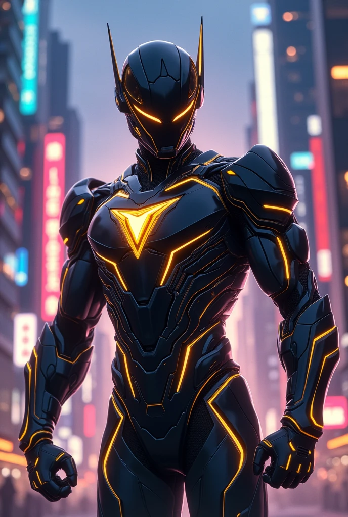 Make me a superhero whose suit is made of advanced super technology and looks like Iron Man, but in an animated anime style. His suit should be shiny black and gleaming gold, and his emblem should be shaped like a triangle..