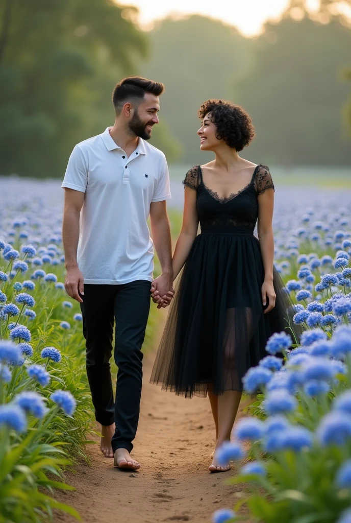 A white man, dark brown eyes, short black modern haircut, black beard, 5 feet 7 inches tall, wearing a white shirt and white pants, holding hands with a white woman, 5 feet 1 inch tall, SHORT BLACK CURLY HAIR, in a black tulle dress, plus size ,barefoot, in a field of blue flowers,Magic place, caminhando juntos