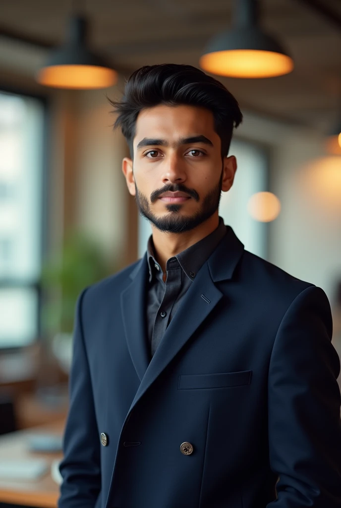 An indian nineteen year boy. Having silky hairs which somes on forehead  . Oval shaped face and and broad body and create this image in which only half body will apear . And also wearer a coat of office . Colour of is indian fair skin colour mixture of little yellow white and also having male broad body 