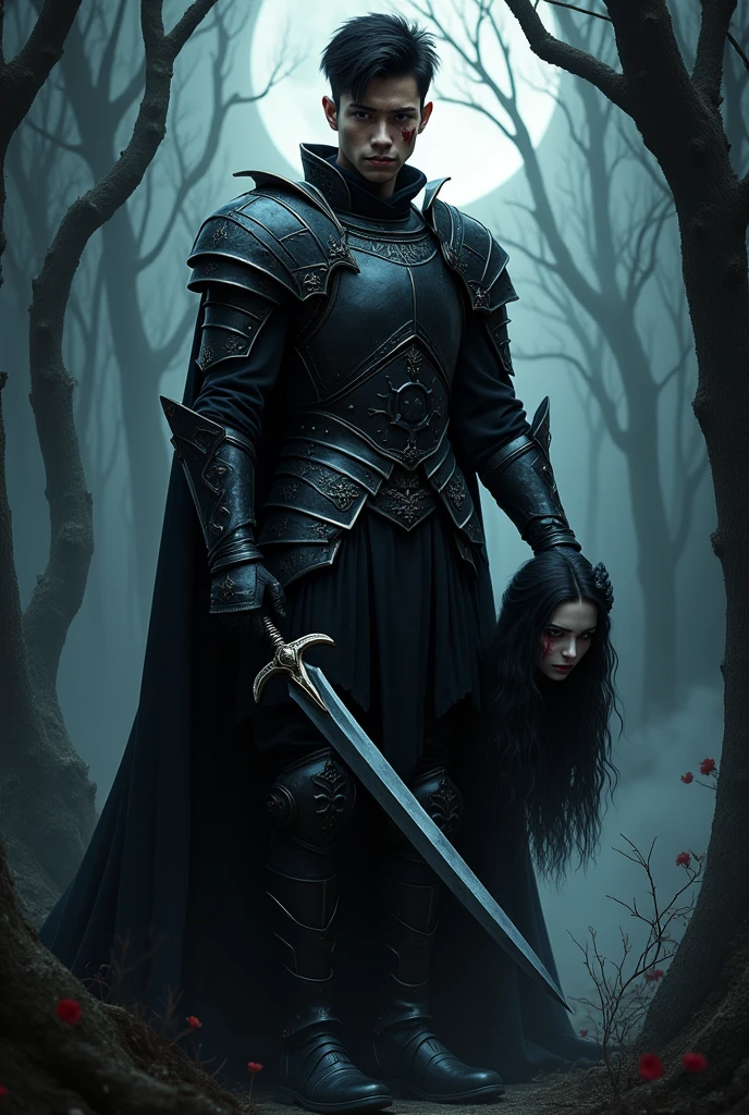 Tall, handsome man in nights armour, he holds an obsidion blade and has short, black hair he has high cheekbones and a sharp jawline, he has no facial hair and he has honeycomb eyes. He has a cut across his eye and he has blood smeared on his face. He is young and is holding the head of a mature sourceress, with streaks of grey in her raven hair.