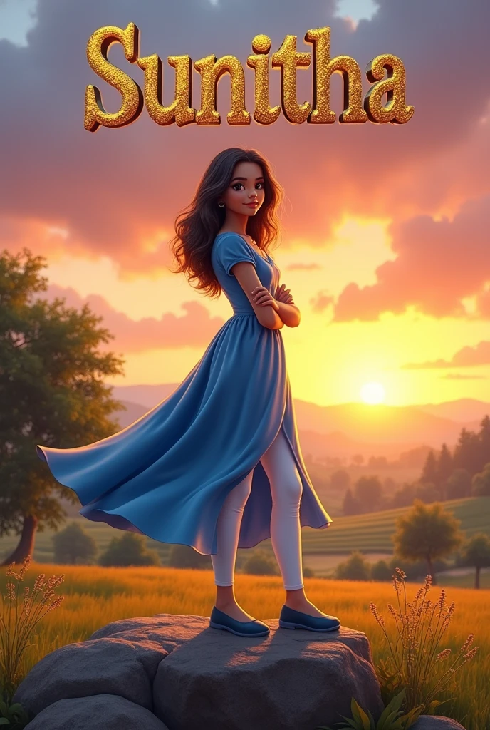 One girl age 18 , stand on stone wears metalic smart watch, folded her left hand wears blue colour dress and white colour legin pand and wears blue colour shoes and sky in sunset mood,in background village and trees and crops and written Sunitha name on the sky at her background with gold and silver metallic letters 