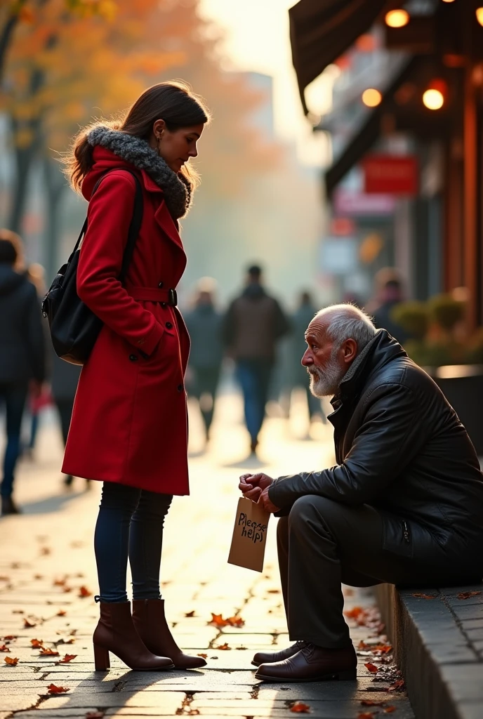 A woman seeing a beggar in the
