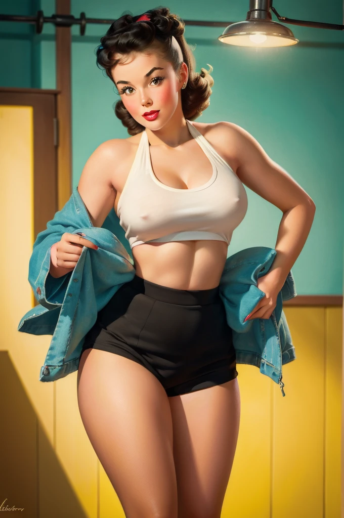 20 years old Girl in school gym, sexy gym cloths shorts and t-shirt, medium breast, shining skin, dramatic lighting, pin up style, sexy, surprised, , colorful , masterpieces, illustrated, shining skin, detailed face, Medium breast. tight body. black hair, Illustrated BY Zoe Mozert,   pinup art byZoe Mozert,  vintage pin up, illustrated by Zoe Mozert, girl pinup, pinup girl, pin-up poster girl, pin up girl, pinup, pin - up girl, Detailed face, Detailed Hands, Detailed legs,