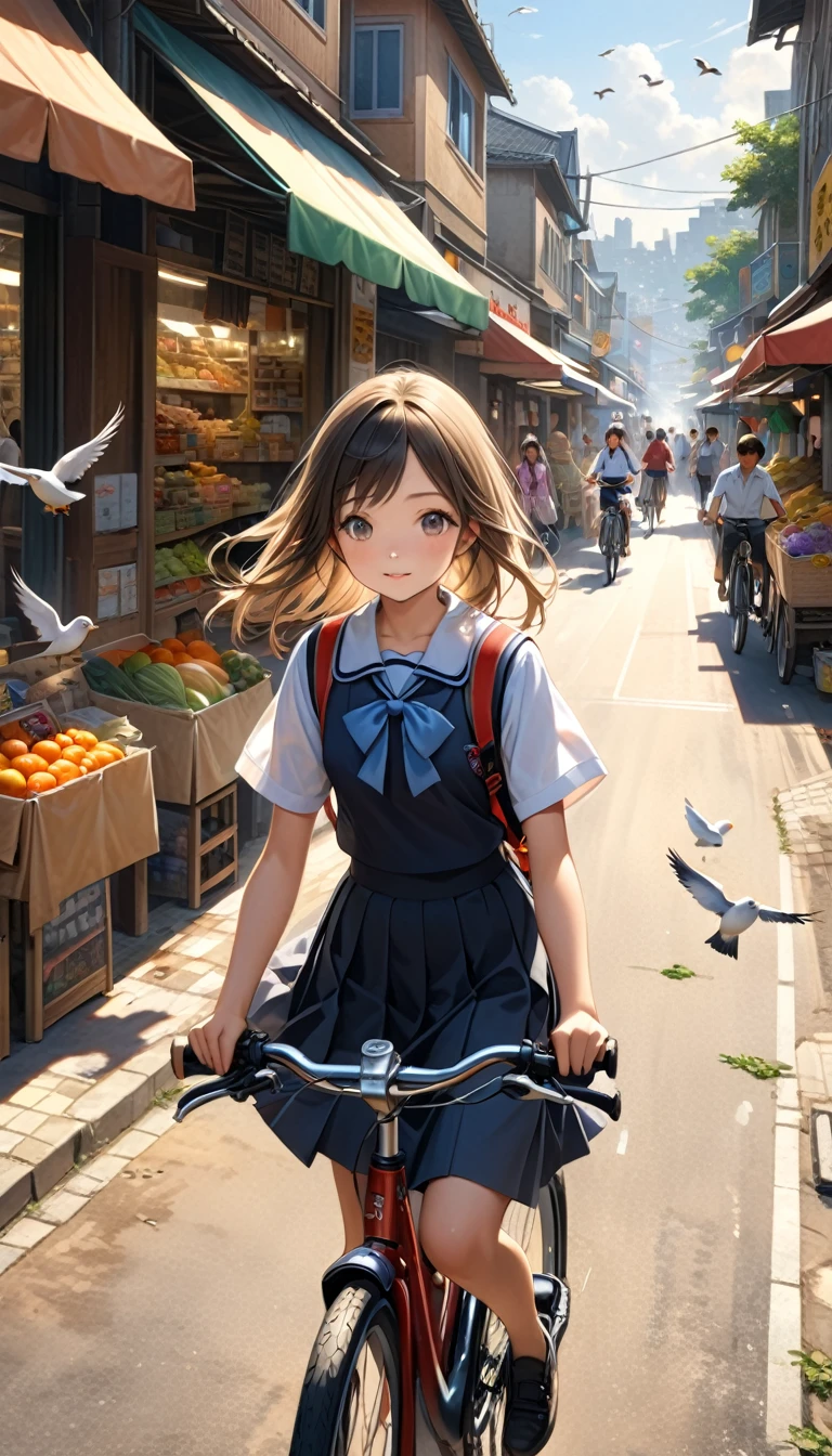 A girl is riding her bicycle home from school.。He is wearing a neat school uniform,Faces bathed in the warm afternoon sun。Pass by the township market.The surrounding environment is also clearly visible,The lively atmosphere of the town market。The birds flying in the distance add to the vitality。The whole photo has a super-realistic quality,Sharp details,Elegant depth of field,Perfectly capturing the tranquility and movement of this moment。This photo is a masterpiece。