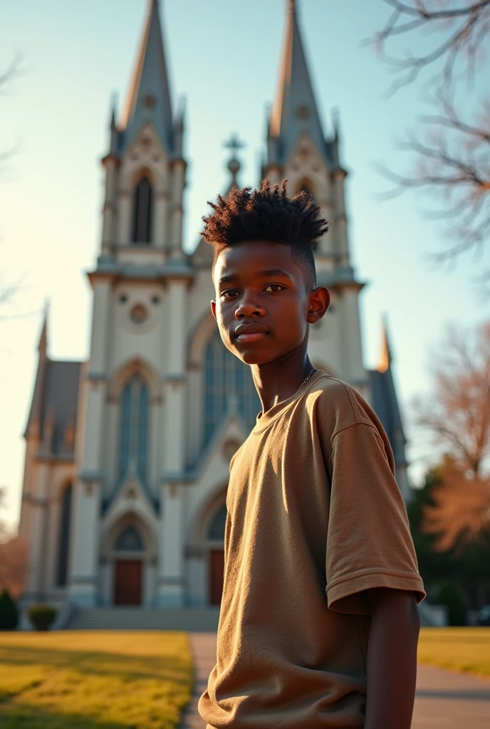 A 15-year-old man, thin and dark-skinned, with a haircut inspired by a fly, and a Mormon church in the background.