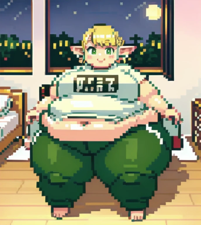 high quality, Pixel, 32 Bits, detailed eyes, 1 solo girl, obese erufuda, short hair, pointy ears, obese elf, blonde hair, (green eyes:1.5), white t-shirt, green pants, barefoot, braid, big breasts, thick thighs, ((Perfect body)), smile, big belly, night, bedroom, very cute, 4K, PixelArt