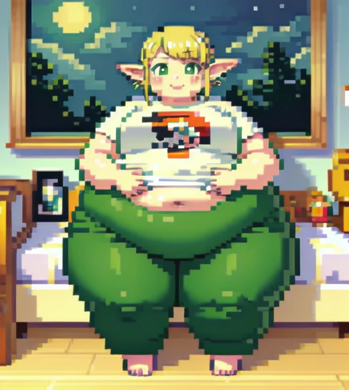 high quality, Pixel, 32 Bits, detailed eyes, 1 solo girl, obese erufuda, short hair, pointy ears, obese elf, blonde hair, (green eyes:1.5), white t-shirt, green pants, barefoot, braid, big breasts, thick thighs, ((Perfect body)), smile, big belly, night, bedroom, very cute, 4K, PixelArt