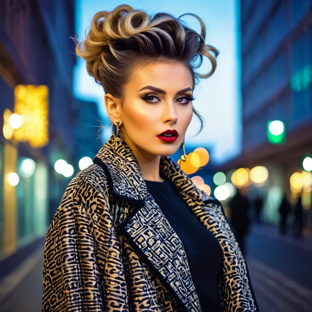 portrait, stylish fashionable beautiful woman with a fashionable hairstyle and in fashionable clothes, on the street of an ultra-modern city, night, photo in the style of shocking extravagant glamor