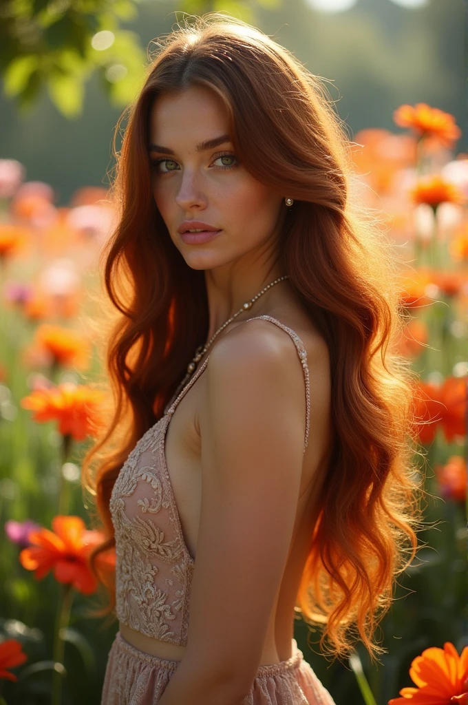 Create a professional photo of a woman who looks like Gal Gadot, with dark red hair, lush breasts and thick lips, at the field.