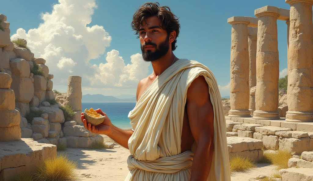 A male stoic philosopher with a well-proportioned and attractive physique, not excessively muscular. He is wearing classic tunics, slightly transparent, that gently drape over his body, subtly revealing parts of his shoulder, with a very short and well-groomed beard, and wavy, well-stylized hair. He stands amidst ruins, his expression solemn, holding a broken piece of pottery, symbolizing the shattered certainties of betrayal. The scene is set in a vibrant, impressionist landscape with rich colors and dynamic brushstrokes, creating a sense of movement and emotion. The background has a subtle texture that adds depth but complements the text without overpowering it.