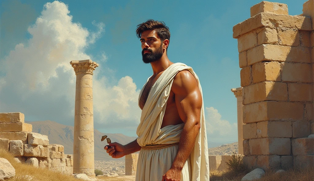 A male stoic philosopher with a well-proportioned and attractive physique, not excessively muscular. He is wearing classic tunics, slightly transparent, that gently drape over his body, subtly revealing parts of his shoulder, with a very short and well-groomed beard, and wavy, well-stylized hair. He stands amidst ruins, his expression solemn, holding a broken piece of pottery, symbolizing the shattered certainties of betrayal. The scene is set in a vibrant, impressionist landscape with rich colors and dynamic brushstrokes, creating a sense of movement and emotion. The background has a subtle texture that adds depth but complements the text without overpowering it.