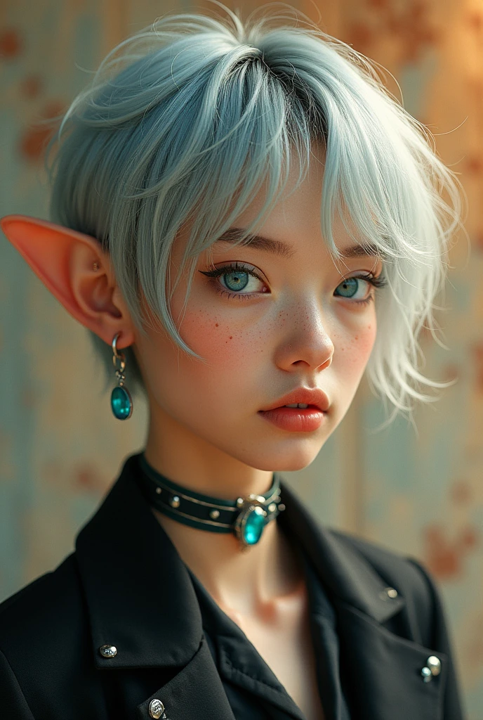 a young woman with vibrant silver hair, with a slightly messy style, pixie cut, Her eyes are a striking blue., and has light freckles scattered across her face. Elf's ears, Lighting should be warm, giving your skin a slightly shiny appearance. The background should be abstract and soft., Warm tones and some silver splashes to match your hair.. She is wearing a black, suit with shirt with subtle silver details. Cyan colored choker on her neck, The overall atmosphere should be vintage.., slightly ethereal, and striking.