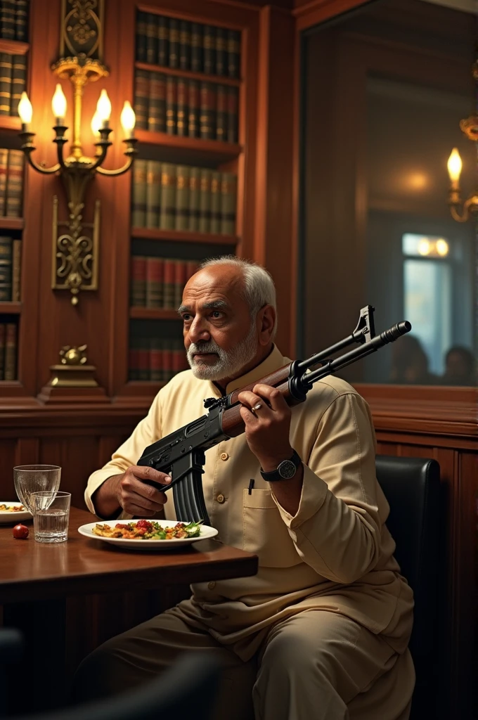 Munshi premchand author with ak47 gun in restorent