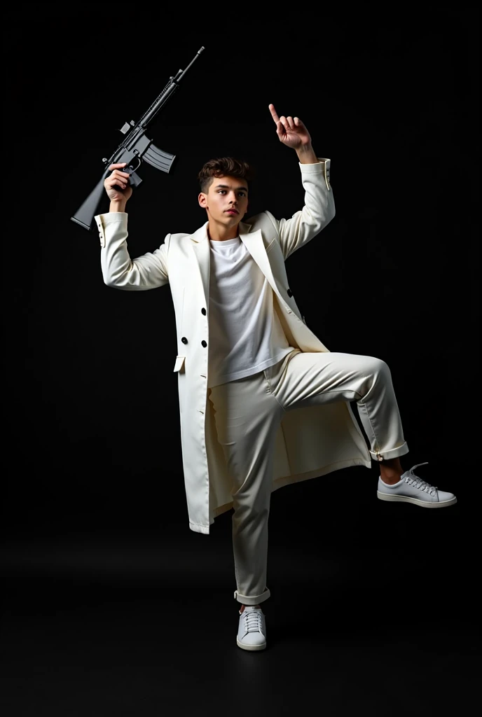 create an 20 years old boy in white pant coat and white shoes wth black background and catching a M416 gun