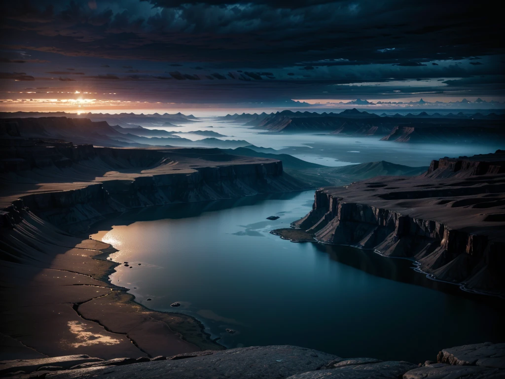 a beautiful detailed landscape, a vast desolate desert, rocky mountains in the background, dark and stormy clouds in the sky, a vast expanse of calm waters, no sunlight, atmosphere and dramatic lighting, photorrealistic, 8k, ultradetailed, extremely detaild, details Intricate, cinematographic, Dramatic, temperamental, Epic scale, inspirational, espiritual, biblical, Genesis 1:2
