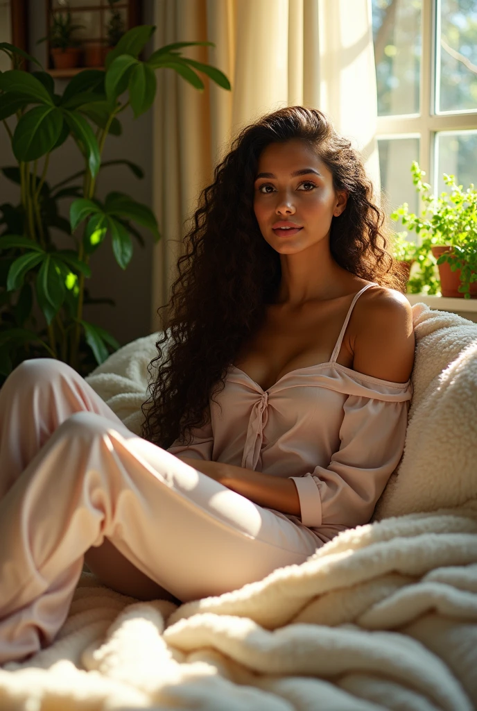 (photorealism:1.2), beautiful woman, sitting on bed, wearing loose off-shoulder top, pajama pants, long curly hair, indoors, soft lighting, plants in background, window with sunlight, cozy room, relaxed pose, realistic, intricate details, warm colors, by Greg Rutkowski, by Alphonse Mucha