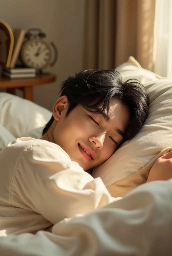 Handsome Korean idol Chico with black hair and delicate features lying on a bed with good lighting. Realistic photo. 