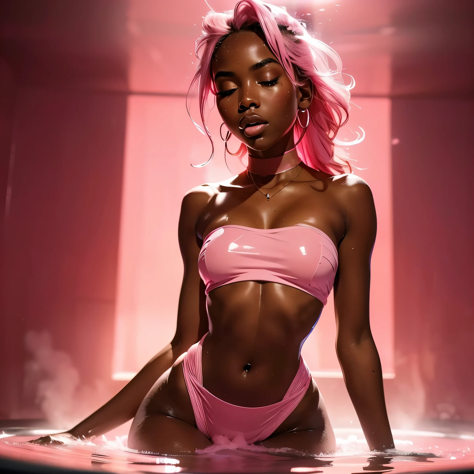 1girl, head phones, under pink bubble water, (18 years old), (dark skin), dark skin, wide shot, (pink strapless dress), (Masterpiece, Professional lighting, 16k, 8k wallpaper, raw photo, photorealistic:1.8, ultra detailed, natural lighting, detailed skin sexy pose, open mouth, big lips, night time, eyes closed, pink light, steam, pink foam