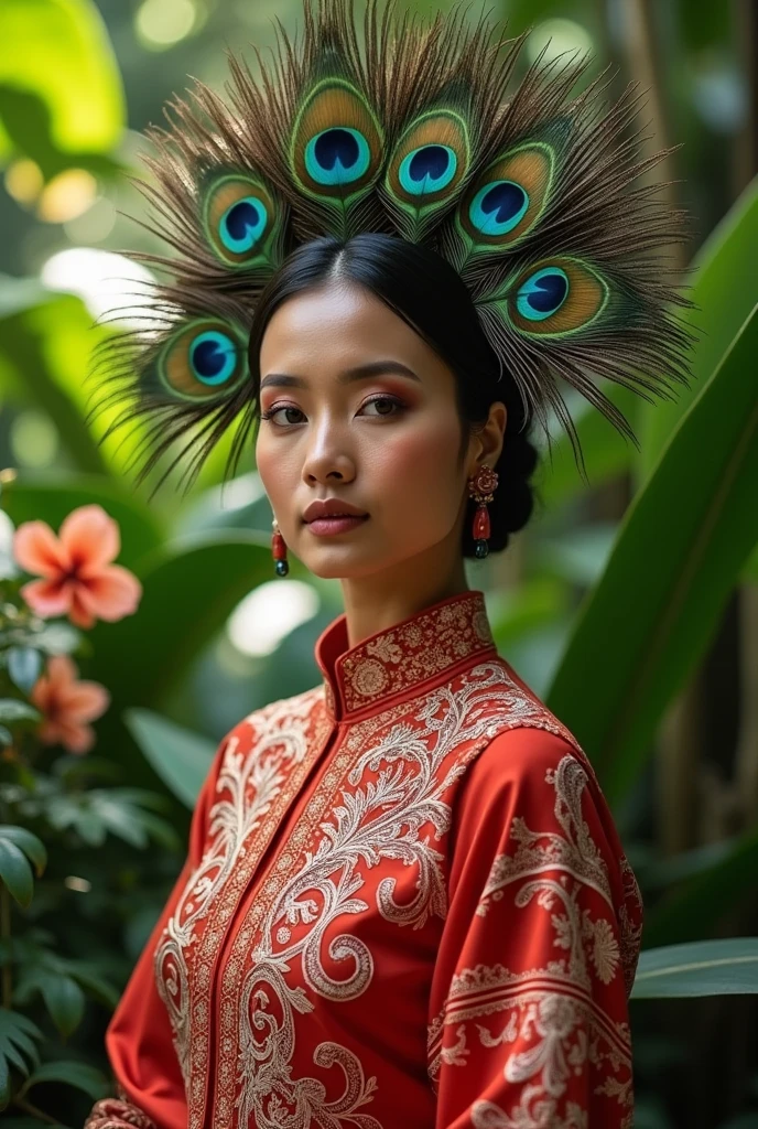 A beautiful woman wearing a Javanese dress with a crown of peacock feathers. And for the color of the clothes, the batik motif is red and white